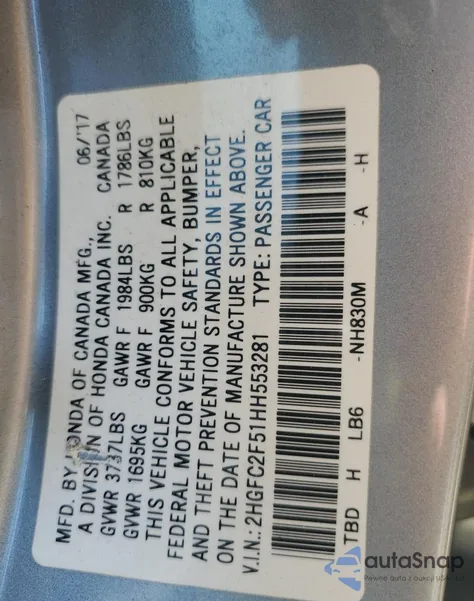 2017 Honda Civic Lx from USA, damaged, VIN 2HGFC2F51HH553281